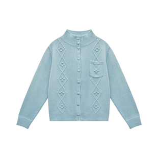 2026春秋新款毛针织衫女款淡蓝色简约款圆领麻花纹显瘦毛衣开衫