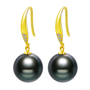 海蒂珠宝 简默10-11mm大溪地黑珍珠耳环14K金耳饰正品送妈妈◇