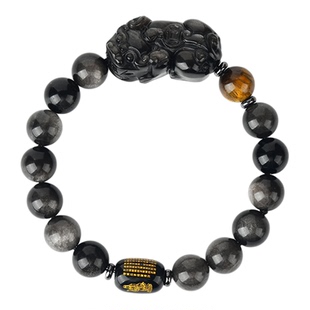 【杭州灵隐正品】天然黑金曜石貔貅手链银曜石心经转运珠招财手串