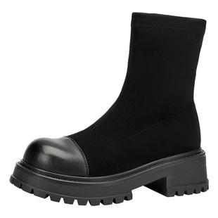 戈美其厚底弹力瘦瘦靴女款舒适新款春秋短靴法式粗跟绒面靴子袜靴