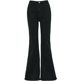 自然涩美式黑色加绒微喇叭牛仔裤女秋冬季新款修身显瘦加厚裤子