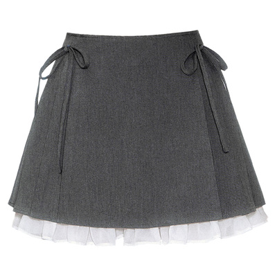 易碎商店低腰绑带撞色百褶半裙