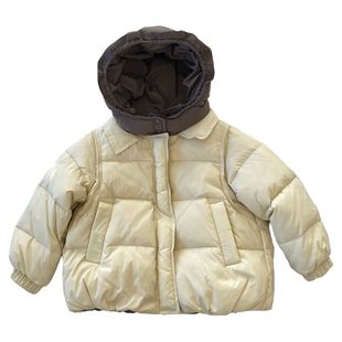 【中童110-160】男童拼色羽绒服冬女双面穿连帽淡黄色羽绒面包服
