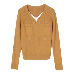 SANI商场同款合体V领假两件套含绵羊毛软糯针织衫女毛衣26秋冬季