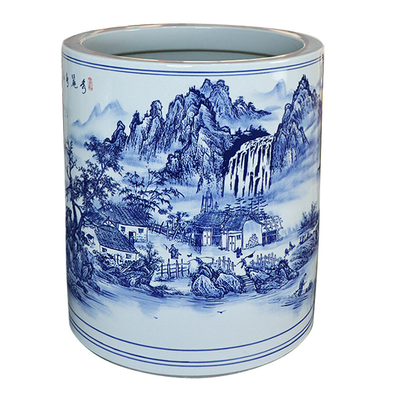 景德镇陶瓷器青花瓷山水箭筒书画筒书房收纳客厅中式种树种花花盆