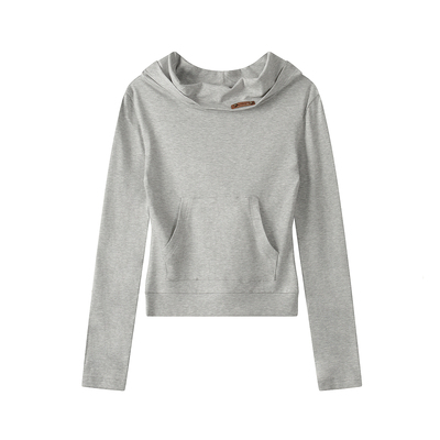 设计感一字领露肩假两件长袖T恤