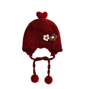婴儿帽子冬季韩版红色加厚护耳帽小公主女孩女宝宝新年保暖毛线帽