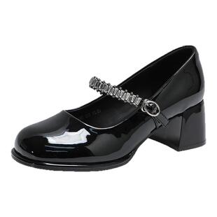 索兰玛丽珍鞋女2025秋季新款法式水钻粗跟单鞋增高小皮鞋25CN6148