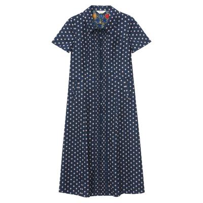 妙采蓝底波点中长款衬衫连衣裙