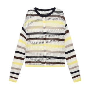 白鹿语条纹针织衫薄款镂空2025春新款圆领毛衣开衫外套显瘦短款女