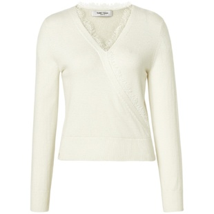 【商场同款】糖力 秋冬季白色蕾丝边V领羊毛针织衫女打底衫上衣