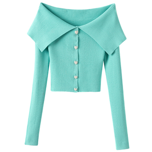 萨琪尼大翻领珍珠扣弹力山羊绒针织小开衫女2025秋冬新款