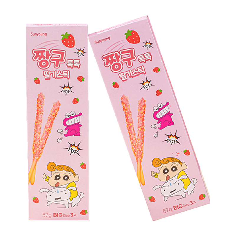 蜡笔小新跳跳糖草莓牛奶巧克力饼干棒19g*3韩国原装进口休闲零食