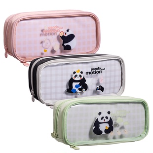 得力熊猫笔袋透明大容量双层收纳铅笔盒小学生男孩女孩学生文具可爱文具袋多功能笔盒笔刷收纳包耐脏轻便包袋