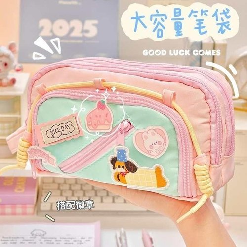 可爱撞色笔袋马卡龙小学生初中高中大容量多层文具收纳包铅笔盒女