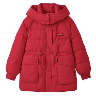 洋红色90白鸭绒连帽羽绒服女MOFAN摩凡冬装新款抽绳设计羽绒服