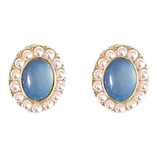 复古港风猫眼耳钉女法式蓝色气质珍珠款耳环简约小众设计精致耳饰