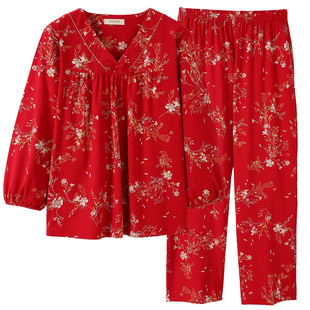 猫人睡衣女春秋纯棉长袖2026新款秋冬中老年妈妈红色本命年家居服