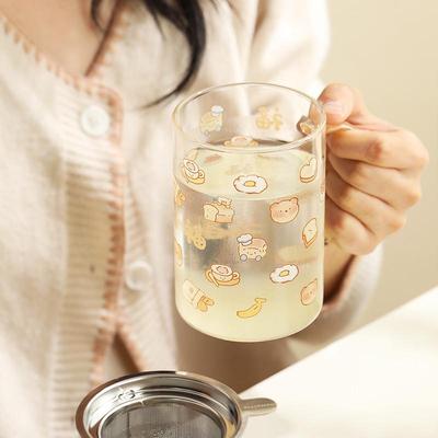 蓝莲花玻璃过滤茶杯个人专用茶水分离杯子带把手泡茶家用水杯带盖