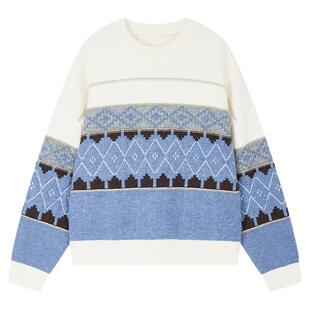 佧茜文费尔岛提花针织衫2025冬季新款复古简约色彩拼接圆领上衣