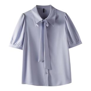 CHICBLISS 雾霾蓝蝴蝶结衬衫女短袖夏季气质通勤垂感雪纺面试上衣