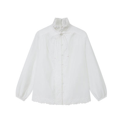 蓝点法式工字领褶皱白衬衫