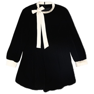 安妮不火 撞色蝴蝶结连衣裙女2025秋季法式荷叶边微胖显瘦小黑裙