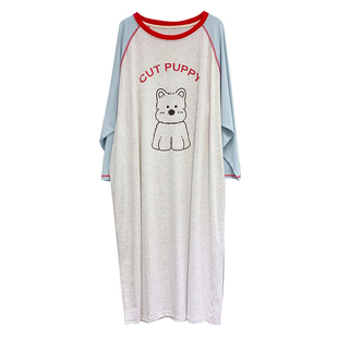 中长款长袖睡裙纯棉春秋可爱小狗韩版大码休闲可外穿过膝孕妇睡裙