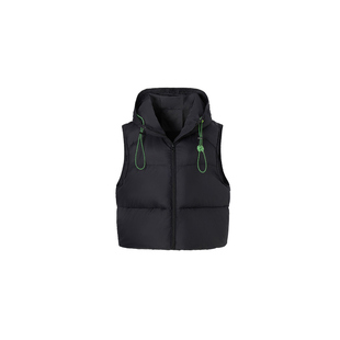 LEDIM WANG白标/撞色鹅绒连帽羽绒服马甲女2025冬季新款黑色短款