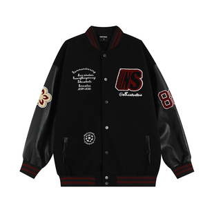 INSstudios 国潮情侣美式徽章拼接撞色棒球服宽松重磅夹克外套男