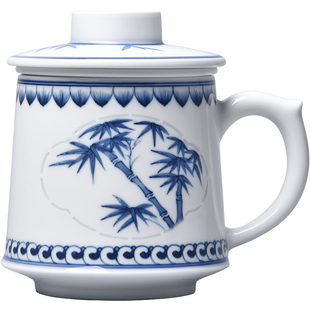 景德镇手工手绘茶杯茶水分离陶瓷青花玲珑高端会议泡茶杯带盖过滤