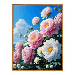 牡丹花芍药diy数字油画手工填色丙烯油彩画手绘新中式客厅装饰画