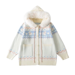 可爱连帽毛衣外套大码女装费尔岛穿搭甜美减龄宽松慵懒风针织开衫