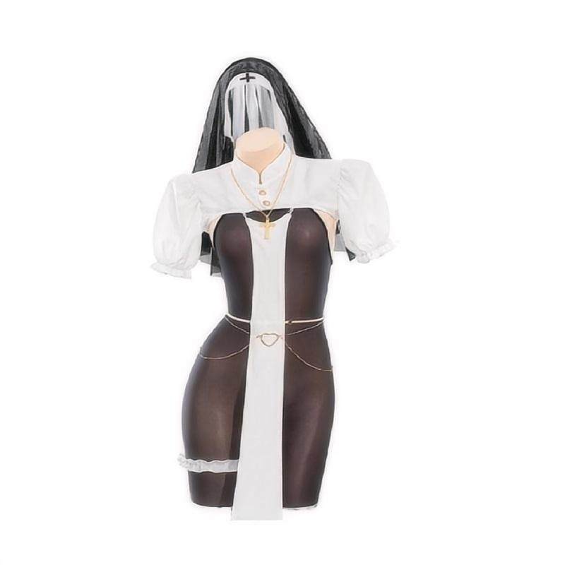 STELLA 【高品】暗夜修女服黑丝紧身连体衣cos制服套装内衣女