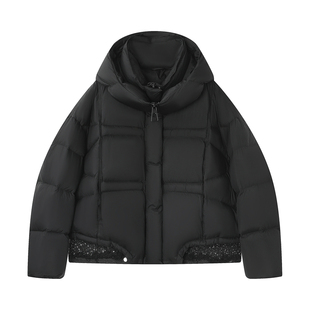 2025冬季新款女装针织拼接短款羽绒服女假两件白鸭绒连帽外套加厚