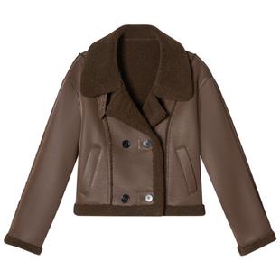 SALT.P可颜美拉德复古机车风翻领短款颗粒绒毛绒外套2024冬