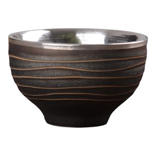 纯银999银杯子水杯陶瓷包银功夫茶具品茗杯主人杯女中式汝窑茶杯