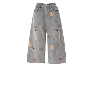 超好看破洞牛仔裤女夏季新款2025hiphop小熊刺绣宽松超火七分裤潮