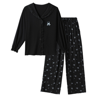 tutuanna睡衣女春季 超柔透气针织纯色蕾丝满印小熊长袖家居服女