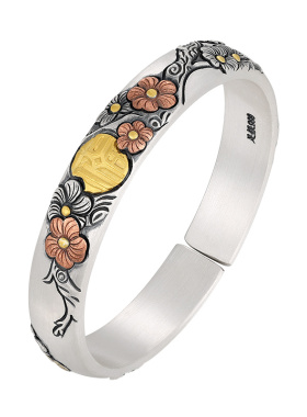 云金丽梅开五福999足银镶金手镯