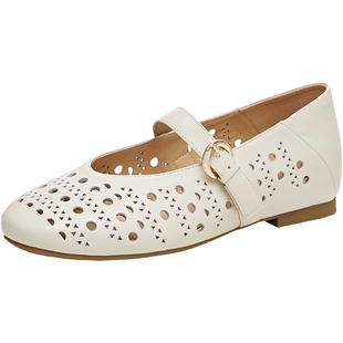 天美意冲孔镂空平底复古玛丽珍皮鞋女浅口单鞋2026春新款BM741BQ6