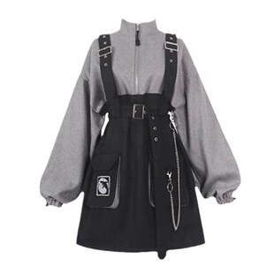 自制暗黑可拆卸背带腰带链条两件套潮学院风甜酷秋冬卫衣连衣裙女