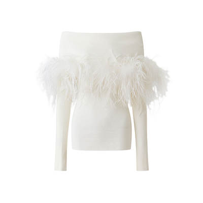 纯欲千金鸵鸟毛白色一字肩针织衫