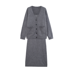 北欧时刻北极绒灰色针织套装裙子春秋搭配一整套开衫连衣裙两件套
