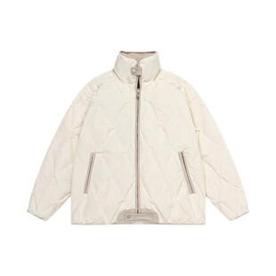 DF冬季菱形格羽绒服男设计款潮牌宽松立领保暖白鸭绒情侣休闲外套