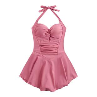 世可儿2025复古显白碎花红辣妹纯欲挂脖裙式平角连体温泉显瘦泳衣