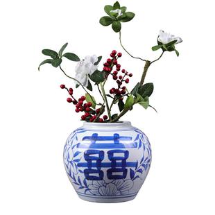 新中式手绘青花喜字结婚礼物订婚陶瓷花瓶复古客厅装饰摆件插花器