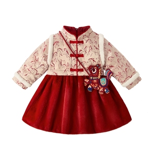 女童红色连衣裙儿童改良汉服秋冬拜年服新年周岁礼服宝宝夹棉唐装