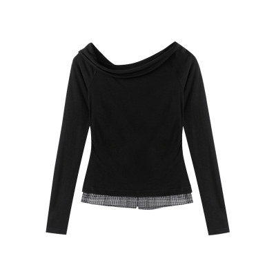 西町村屋简约格纹拼接小衫女装2026春季新款通勤风上衣XHBA10024