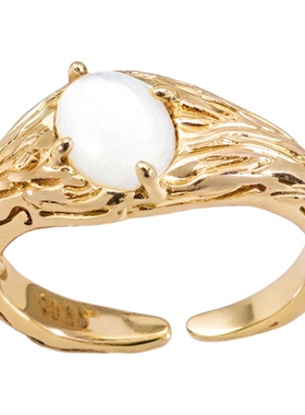 s925纯银复古小众天然白贝母戒指女鸟巢线条食指戒气质设计感指环